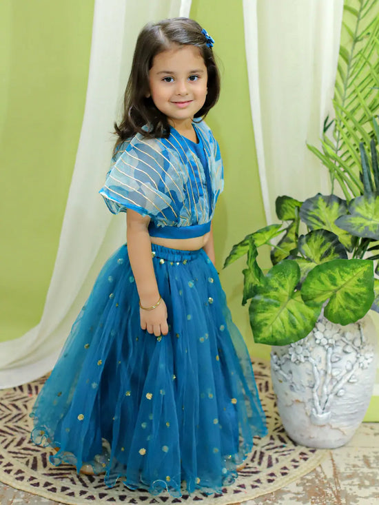 BownBee Ethnic Party Wear Girls Organza Cape Choli with Sequined Net Lehenga Blue