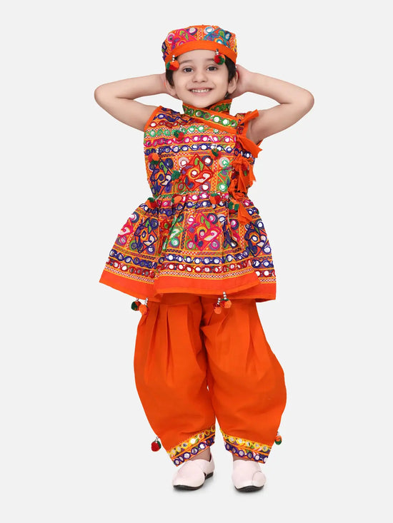 BownBee Navratri Embroidered kediya with Dhoti and Cap for Boys- Orange-BN23KD37ORA14