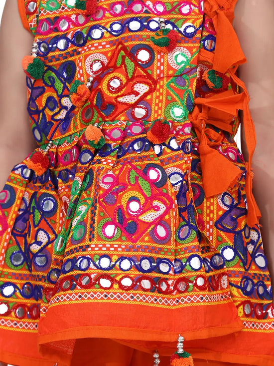 BownBee Navratri Embroidered kediya with Dhoti and Cap for Boys- Orange-BN23KD37ORA14