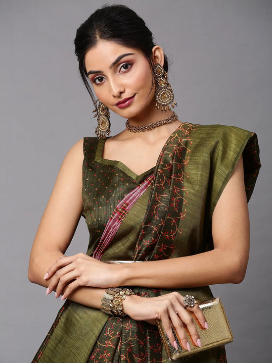 Sareemall Olive Printed Women Saree