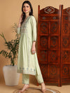 Ahika Women Green Silk Blend Solid Embroidered Flared Kurta with Trouser