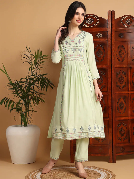 Ahika Women Green Silk Blend Solid Embroidered Flared Kurta with Trouser