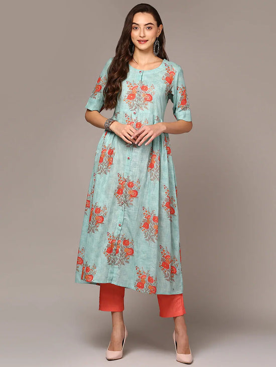 Ahika Women Cotton Aqua Green Printed Flared Kurta VCK9321