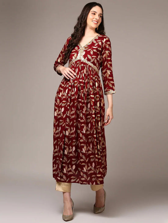 Ahika Women Maroon Viscose Rayon Embroidered Alia Cut Kurta VCK9538