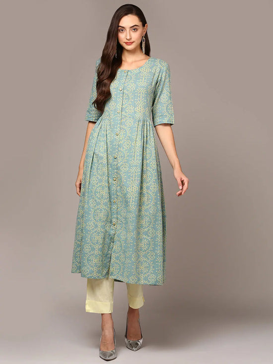 Ahika Women Cotton Aqua Green Printed Flared Kurta VCK9323