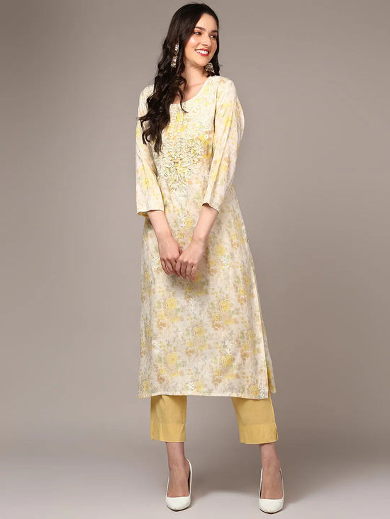 Ahika Women Cotton Blend Off White Floral Printed regular Fit Kurta VCK9445