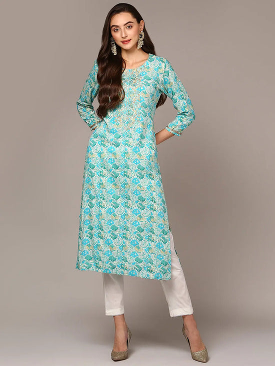 Ahika Women Turquoise Blue Viscose Rayon Ethnic Motifs regular Fit Kurta VCK9510