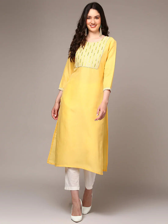 Ahika Women Silk Blend Yellow Embroidered regular Fit Kurta VCK9493