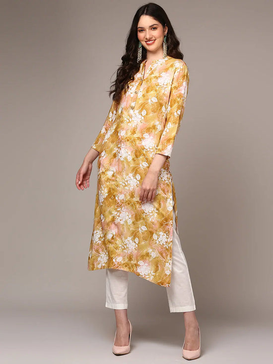 Ahika Women Viscose Rayon Yellow Floral Printed regular Fit Kurta VCK9501