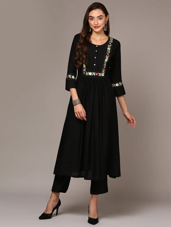 Ahika Women Black Viscose Rayon Embroidered Flared Kurta VCK9535