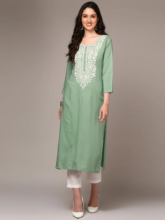 Ahika Women Viscose Rayon Green Embroidered regular Fit Kurta VCK9458