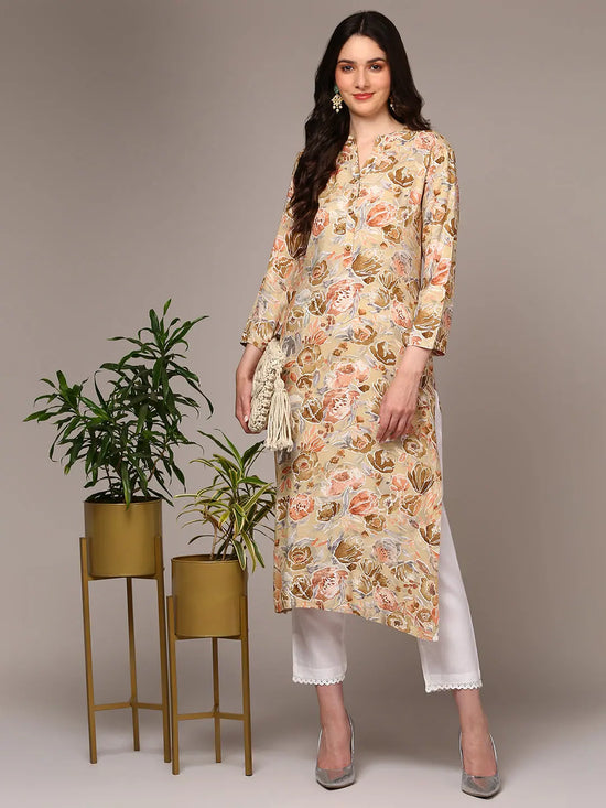 Ahika Women Beige Viscose Rayon Floral Printed Kurta VCK9525