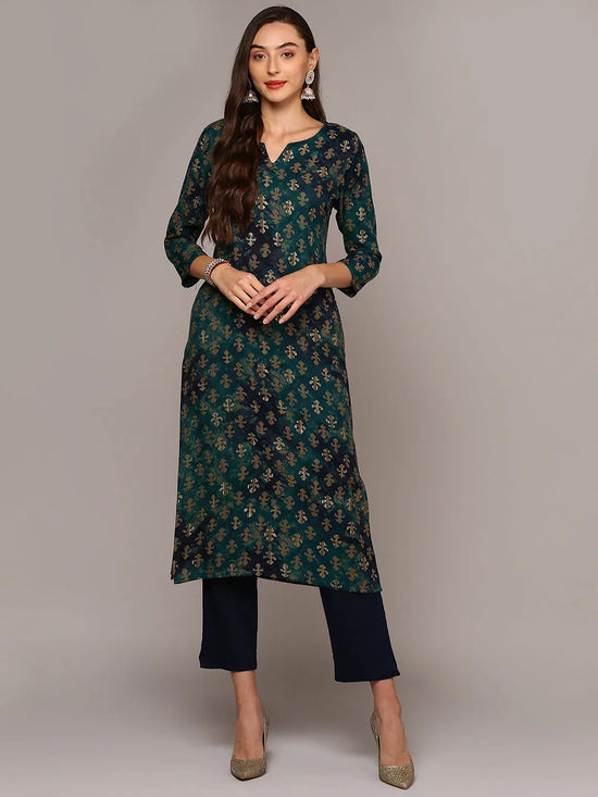 Ahika Women Silk Blend Blue Printed Straight Kurta VCK9303A