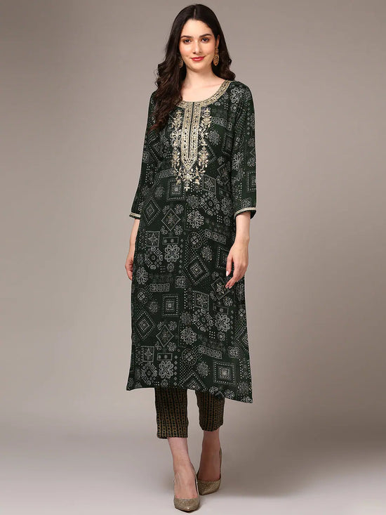 Ahika Women Green Cotton Blend Ethnic Motif Printed regular Fit Kurta VCK9532