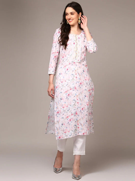 Ahika Women White Cotton Blend Floral Printed regular Fit Kurta VCK9528