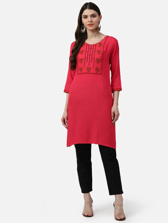 Ahika Women Pink & Yellow Yoke Design Cotton regular Fit Kurta