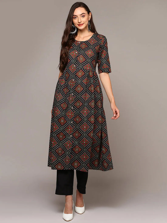 Ahika Women Black Cotton Bandhani A-Line Kurta VCK9309