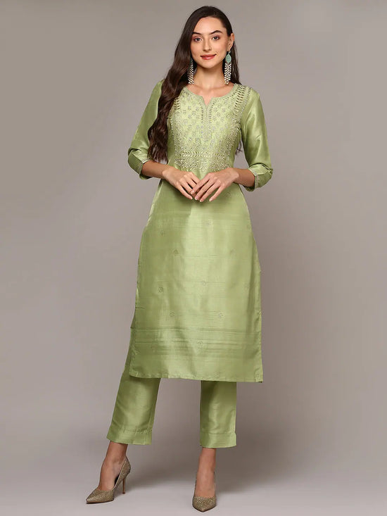 Ahika Women Silk Blend Pista Green Embroidered Straight Kurta VCK9293A