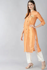 Ahika Women Cotton Orange Geometric Embroidered Kurta