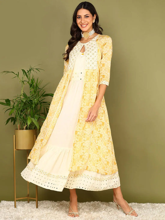 Ahika Women Yellow Cotton Geometric Printed Embroidered A-Line Kurta