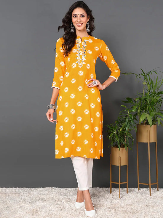 AHIKA Women Yellow Cotton Embroidered Ethnic Motifs Straight Kurta