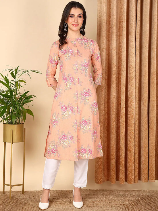 Ahika Women Peach Cotton Floral Printed Flared Kurta