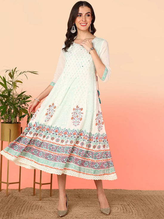 Ahika Women Off White Cotton Floral Printed Flared Kurta