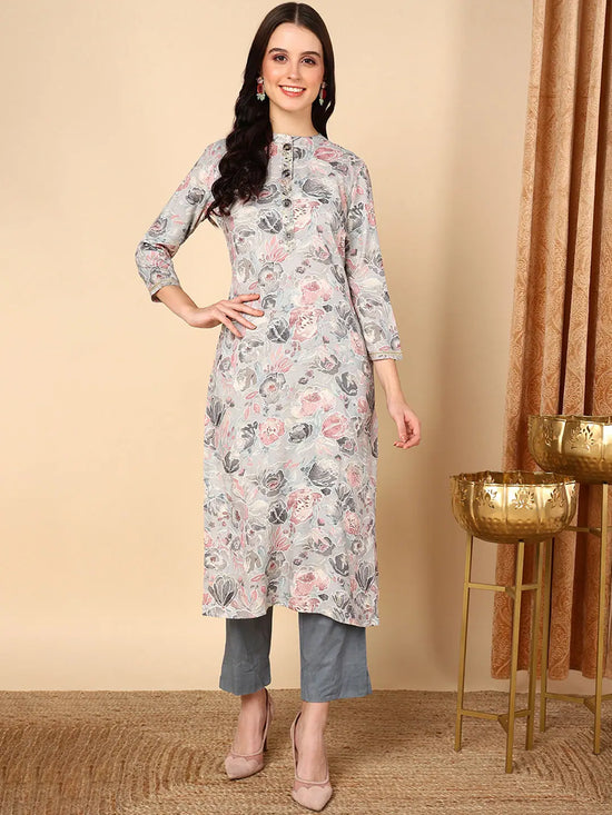 Ahika Women Grey Viscose Rayon Floral Printed Straight Kurta-VCK9593_XS