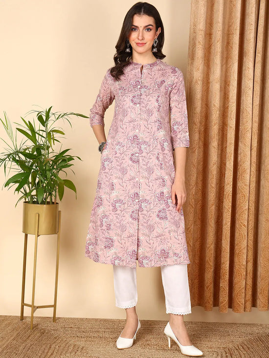 Ahika Women Mauve Cotton Floral Printed Flared Kurta