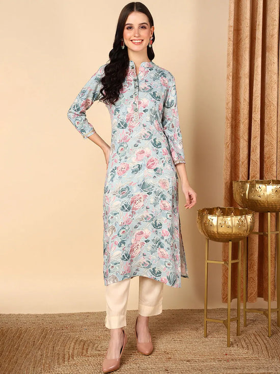 Ahika Women Blue Viscose Rayon Floral Printed Straight Kurta