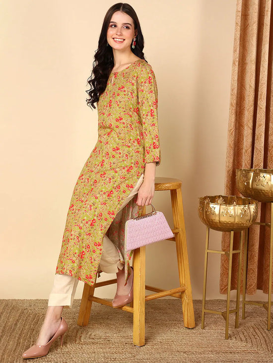 Ahika Women Green Viscose Rayon Floral Printed Straight Kurta-VCK9559A_XS