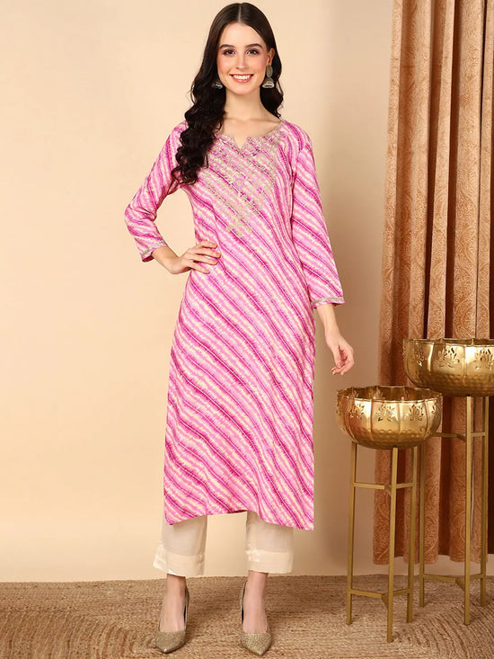 Ahika Women Purple Viscose Rayon Leheriya Printed Straight Kurta