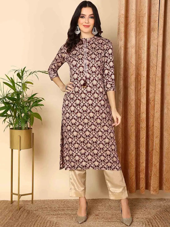 Ahika Women Burgundy Cotton Ethnic Motifs Printed Straight Kurta