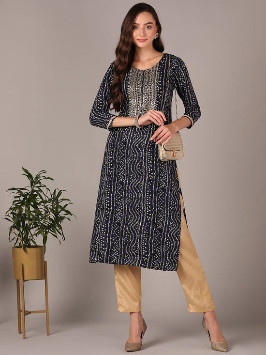 Ahika Women Navy Blue Viscose Rayon Bandhani Embroidered Straight Kurta