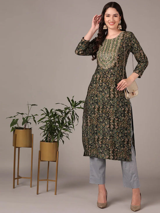 Ahika Women Green Silk Blended Ethnic Motifs Printed Mirror Work Straight Kurta