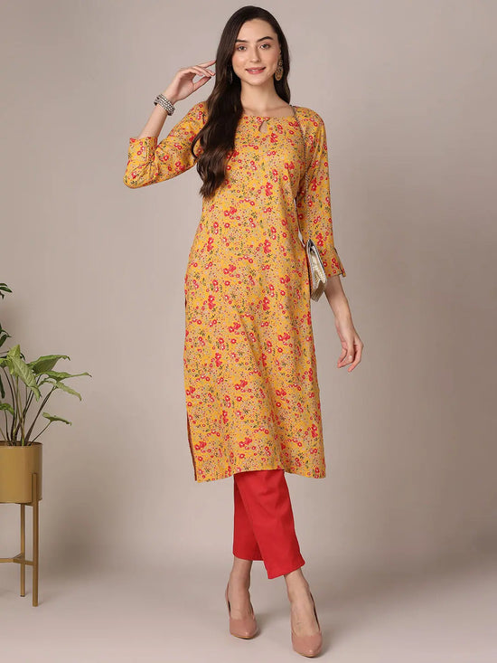 Ahika Women Yellow Viscose Rayon Floral Printed Straight Kurta