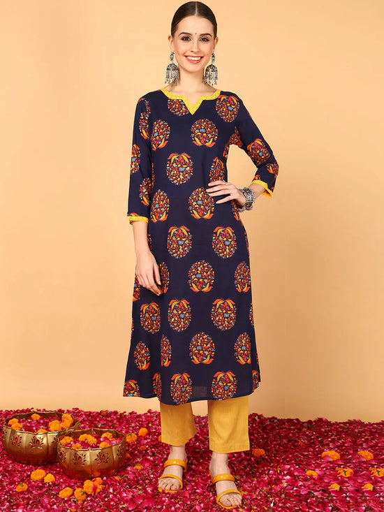 Ahika Women Navy Blue Cotton Ethnic Motifs Printed Flared Kurta-VCK1520A_XS