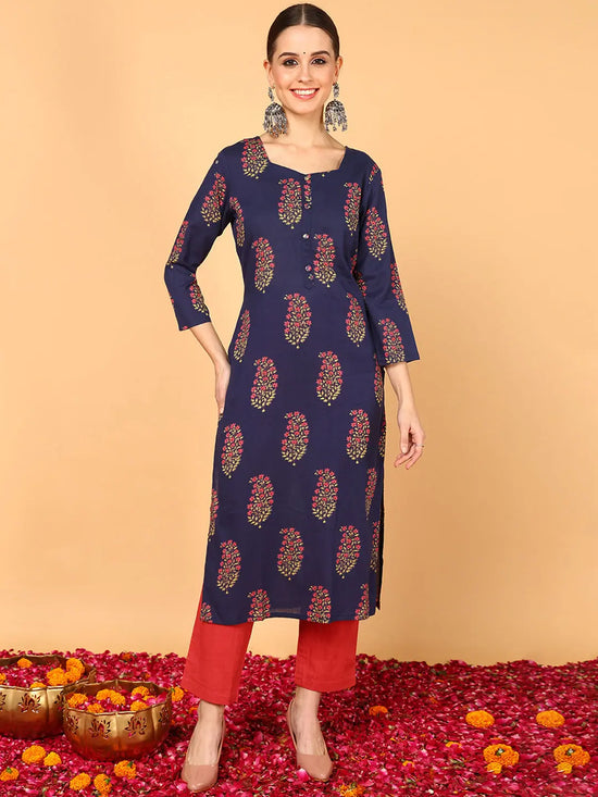 Ahika Women Navy Blue Cotton Floral Printed Straight Kurta-VCK1395A_XS