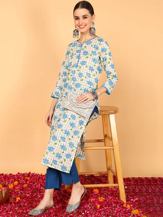 Ahika Women Off White Cotton Floral Printed Straight Kurta-VCK1633B_S