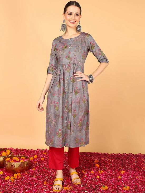 Ahika Women Grey Cotton Floral Printed Flared Kurta-VCK8386A_XS