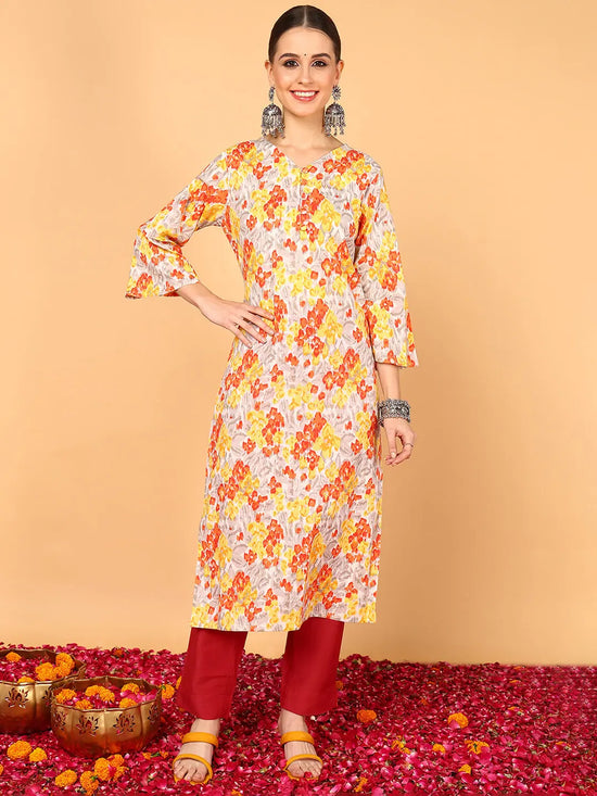 Ahika Women Grey Cotton Floral Printed Straight Kurta