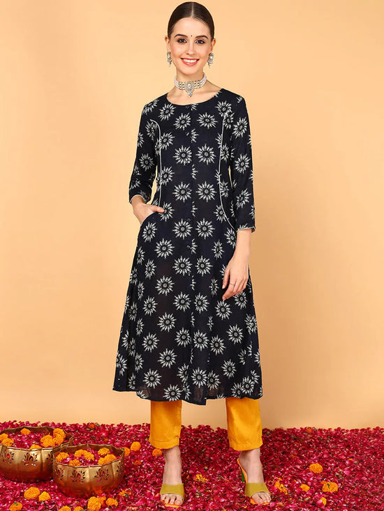 Ahika Women Navy Blue Cotton Ethnic Motifs Printed Flared Kurta-VCK8502A_S