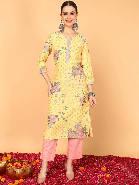 Ahika Women Yellow Cotton Floral Printed Straight Kurta