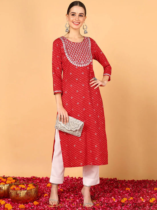 Ahika Women Red Cotton Leheriya Printed Straight Kurta