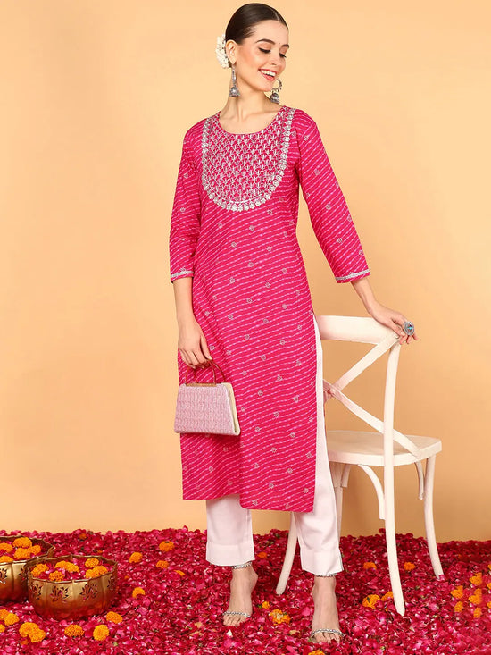 Ahika Women Pink Cotton Leheriya Printed Straight Kurta