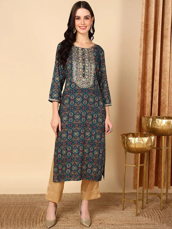 Ahika Women Blue Viscose Rayon Bandhani Printed Straight Kurta