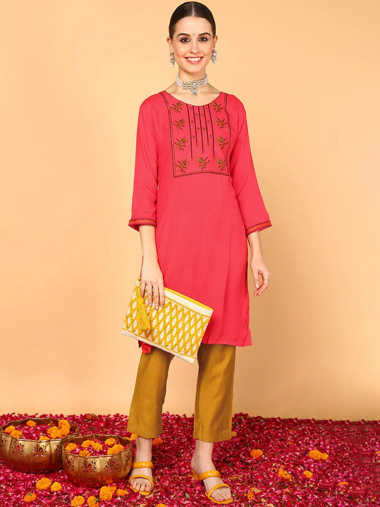 Ahika Women Pink Cotton Solid Yoke Design Straight Kurta