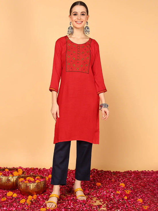 Ahika Women Red Cotton Solid Yoke Design Straight Kurta