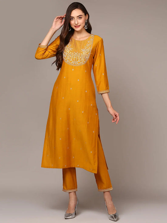 Ahika Women Yellow Silk Blend Embroidered Straight Suit Set VKSET1440