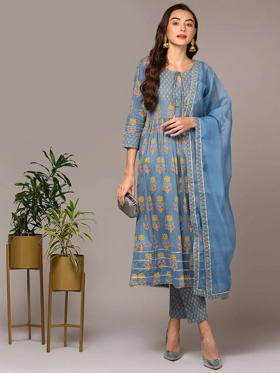 Ahika Women Blue Cotton Floral Printed Flared Suit Set VKSKD1956